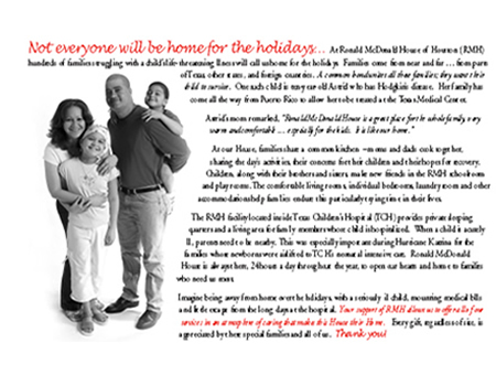 Ronald McDonald House Houston Direct Mail Campaign from Marcia Feldman & Associates